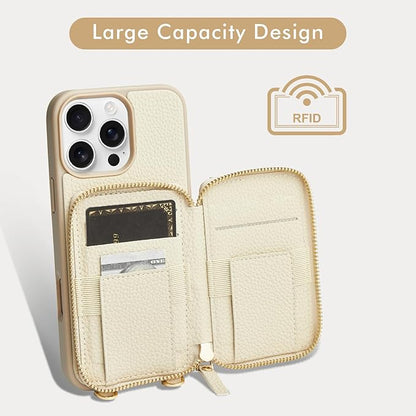 LAMEEKU Compatible with iPhone 16 Pro Case Wallet with Card Holder, Zipper Leather Crossbody Case with Phone Grip Holder Stand Wrist Strap for Women 6.3 inch Beige