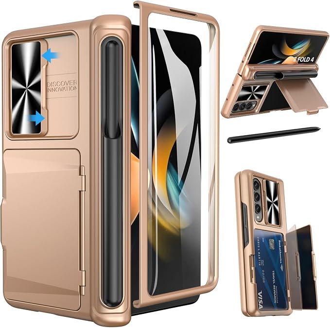 Viaotaily for Galaxy Z Fold 4 Case with Card Holder & S Pen Holder & Hinge Protection, Built-in Screen Protector & Slide Camera Lens Cover, Durable Case for Galaxy Z Fold 4 2022 (Rose Gold)
