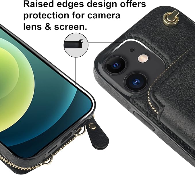 Bocasal Crossbody Wallet Case for iPhone 12/12 Pro, RFID Blocking Leather Purse Case with Card Holder, Protective Handbag Flip Cover with Zipper Wrist Strap Lanyard for Women 5G 6.1 Inch (Black)