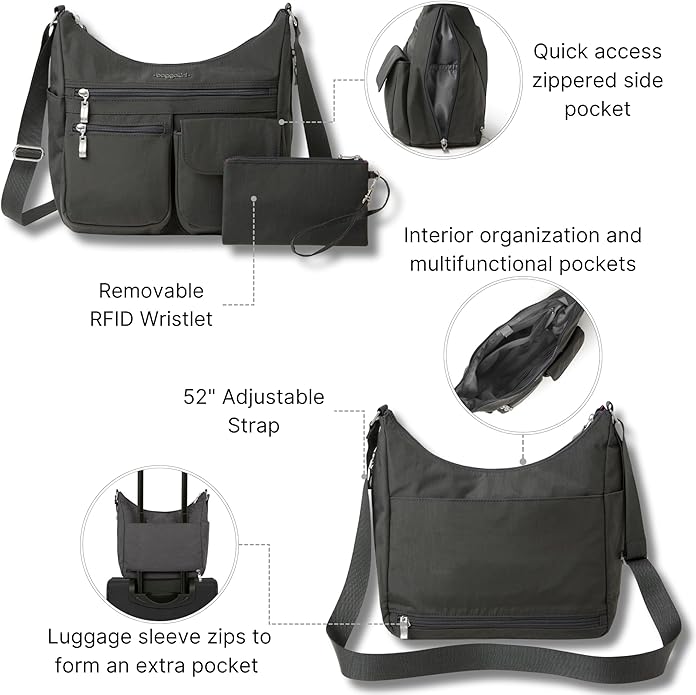 Baggallini womens Everywhere Bagg Crossbody Women 11x9 Lightweight Nylon Hobo Water-resistant Travel Bag W/Rfid