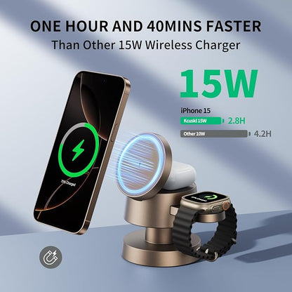 4 in 1 Magnetic Wireless Charging Station,15W Fast Charging with Night Light for MagSafe Charger Stand,3 in 1 Wireless Charger for iPhone 17/16/15/14/13 Pro Max,Apple Watch & AirPods,Sand Gold