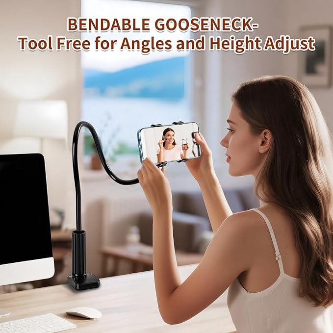 Gooseneck Phone Clamp Mount for Bed, 360° Flexible Arm, Heavy Duty & Stable, Anti-Slip Silicone Grip, Universal for 4–7" Smartphones, Compatible with iPhone 15/14/13 Pro Max, Samsung Galaxy S23/S22