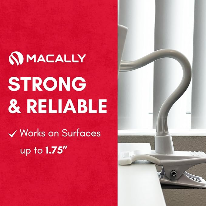 Macally Clip On Tablet Holder | Gooseneck iPad Holder for Bed, Stroller, Airplane, Desk (Universal Tablet Compatibility) Strong and Secure iPad Arm Mount, Tablet Clamp Mount, Kindle Holder