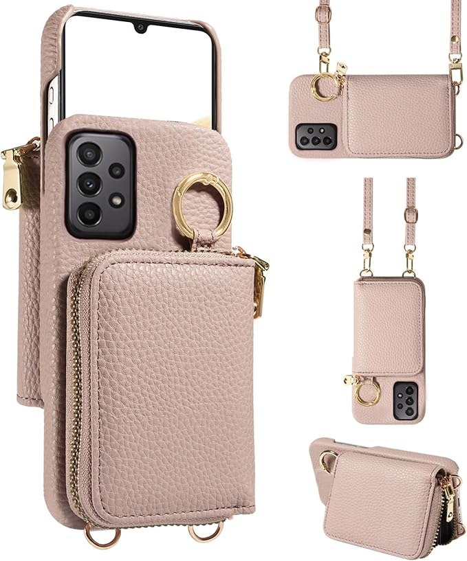 Wallet Case for Samsung Galaxy A33 5G with Shoulder Strap Ring Buckle, Luxury PU Leather Zipper Flip Organ Purse Credit Card Holder Stand Full Body Cell Phone Cover for A 33 33A Women Men Khaki