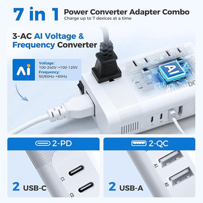 DOACE 350W Voltage Converter US to Europe for Hair Straightener Curling Iron CPAP –220V to 110V Converter for European Travel, 7 in 1 Power Converter Adapter Combo with 3 AC & 2 PD & 2 USB Chargers