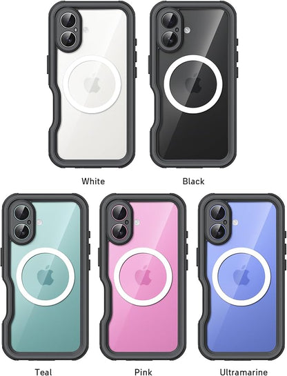 Waterproof Phone Case for iPhone 16, [Compatible with Magsafe] [IP68 Underwater] [Built-in Screen Protector & Glass Camera Protector] Full Body Shockproof Cover with Lanyard Black/Clear