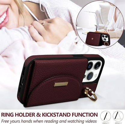 Keallce Wallet Case for iPhone 15 Pro Max 6.7'', Flip Case with Card Slots, Ring Holder Kickstand, PU Leather Protective Folio Cover for Women, Red