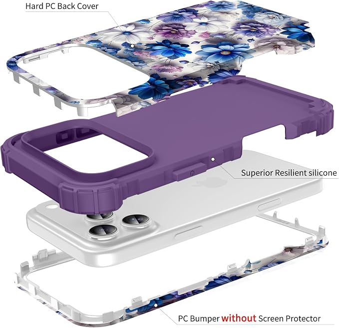 Hocase for iPhone 17 Pro Max Case, Heavy Duty Shockproof Protection Soft Silicone Rubber+Hard Plastic Bumpers Hybrid Protective Case for iPhone 17 Pro Max 2025 - Blue Purple Flowers