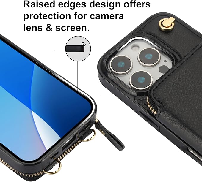 Bocasal Crossbody Wallet Case for iPhone 16 Pro, RFID Blocking Leather Purse Case with Card Holder, Protective Handbag Flip Cover with Zipper Wrist Strap Lanyard for Women 5G 6.3 Inch (Black)