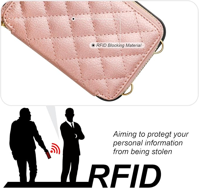 Bocasal Crossbody Wallet Case for iPhone 12/12 Pro, RFID Blocking PU Leather Zipper Handbag Purse Flip Cover, Kickstand Folio Case with Card Slots Holder Wrist Strap Lanyard 5G 6.1 Inch (Rose Gold)