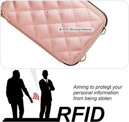 Bocasal Crossbody Wallet Case for iPhone 13 Pro Max, RFID Blocking PU Leather Zipper Handbag Purse Flip Cover, Kickstand Folio Case with Card Slots Holder Wrist Strap Lanyard 5G 6.7 Inch (Rose Gold)