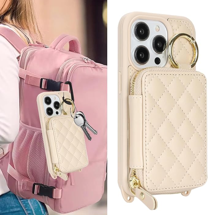 Crossbody Wallet Case for iPhone 14 Pro, PU Leather Zipper Handbag Purse Flip Cover, Kickstand Folio Case with Card Slots Holder Wrist Strap Lanyard 5G 6.1 Inch-White