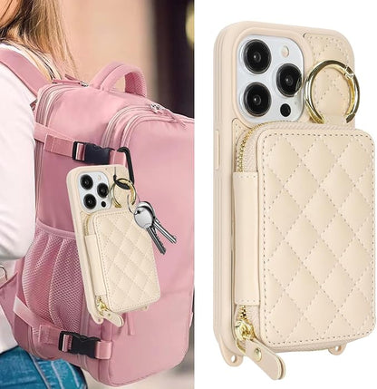 Crossbody Wallet Case for iPhone 14 Pro, PU Leather Zipper Handbag Purse Flip Cover, Kickstand Folio Case with Card Slots Holder Wrist Strap Lanyard 5G 6.1 Inch-White