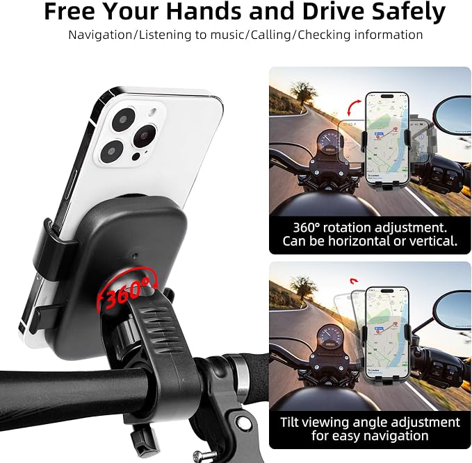 Motorcycle Phone Holder, Anti Shake Bicycle Phone Clamp for Road Ebike/Scooter/Stroller-One Hand Operation 360°Rotation,Bike Accessories Handlebar Clip Holder, Black 94003
