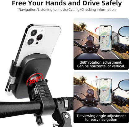 Motorcycle Phone Holder, Anti Shake Bicycle Phone Clamp for Road Ebike/Scooter/Stroller-One Hand Operation 360°Rotation,Bike Accessories Handlebar Clip Holder, Black 94003