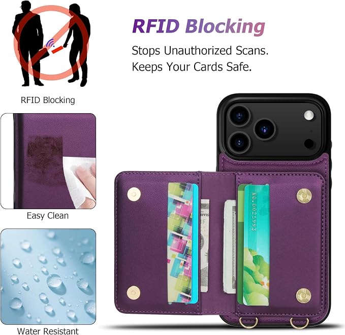 LOHASIC for iPhone 17 Pro Case Wallet with Detachable Crossbody Strap & Wrist Lanyard, RFID Blocking, 4 Card Slots 2 Cash Pockets, Vegan Leather Case with Card Holder for Women Girls, Purple