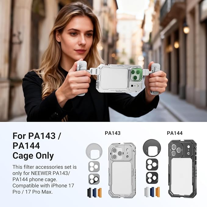 NEEWER ND Filter Set for PA143/PA144 Phone Cage Only, Neutral Density ND8/16/32/64 + Black Diffusion 1/4 + Magnetic Backplate, Filter Accessories Kit Compatible with iPhone 17 Pro/17 Pro Max, Silver