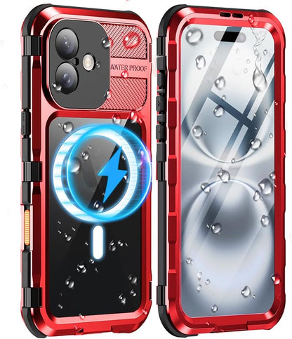 WIFORT for iPhone 16 Waterproof Case - Metal Heavy Duty [Built-in Screen Protector] [14FT Military Shockproof] [Fit for MagSafe], IP68 Full Body Rugged Water Proof Magnetic Cover, 6.1" Red