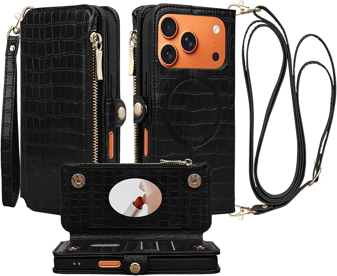 Crossbody Wallet Case for iPhone 17 Pro with Mirror, Wrist Strap, Zipper Purse Magnetic Flip, RFID Blocking Card Holder, Wireless Charging, PU Leather Shockproof 6.3" Women (Black)