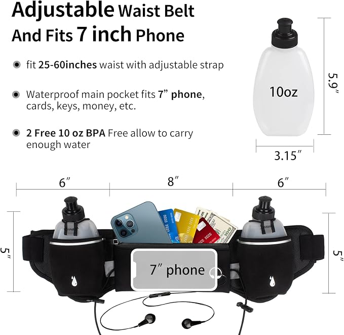 PYFK Running Belt with Water Bottles, Hydration Belt for Men and Women, Water Bottle Holder Running Pouch Water Belt, Fanny Pack Fits 7 inches Phones, Waist pack for Runner Jogging