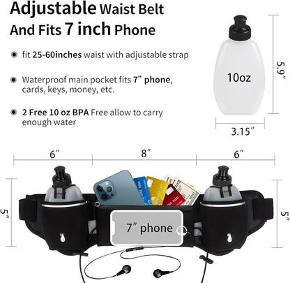 PYFK Running Belt with Water Bottles, Hydration Belt for Men and Women, Water Bottle Holder Running Pouch Water Belt, Fanny Pack Fits 7 inches Phones, Waist pack for Runner Jogging