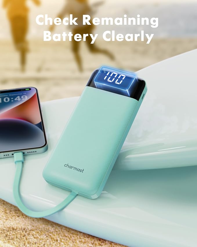 charmast 10000mAh Portable Charger,Built-in 4 Cables,6 Outputs/3 Inputs,3A Fast Charging,Compatible with iPhone,iPad,Samsung,Pixel,LG