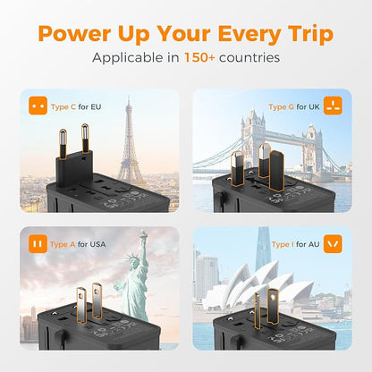 TESSAN Universal Travel Adapter, 65W International Power Adapter | 4 USB Charging Ports (2 USB C), Worldwide Plug Adaptor, US to Europe UK Italy Spain France Ireland Australia, Type C G A I