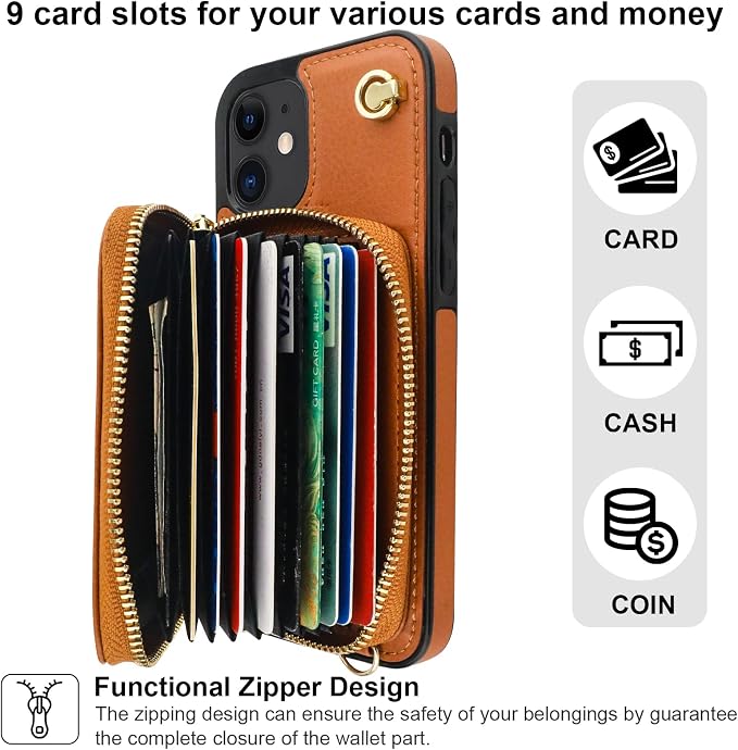 Bocasal Crossbody Wallet Case for iPhone 12/12 Pro, RFID Blocking Leather Purse Case with Card Holder, Protective Handbag Flip Cover with Zipper Wrist Strap Lanyard for Women 5G 6.1 Inch (Brown)