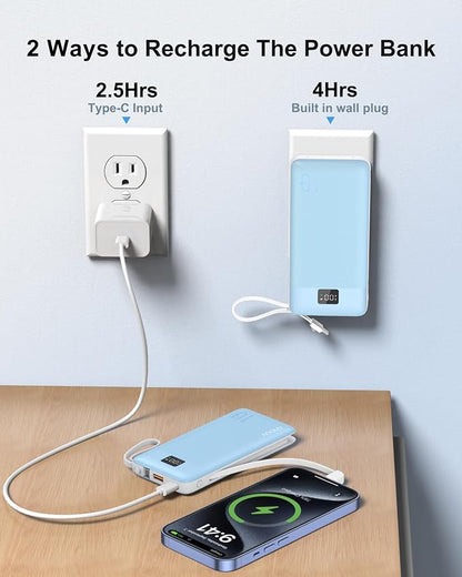 Portable Charger Built-in Cables and AC Wall Plug, 10000mAh 22.5W PD Fast Charging Power Bank, Lightweight Compact Battery Pack Travel Essentials for iPhone 17/16/15/14/13 Series,Samsung,Tablets