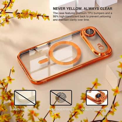 Misea Magnetic for iPhone 17 Air Case Compatible with MagSafe [Never Yellowing] [Military Grade Drop Protection] Full Camera Lens Protector Plating Soft Clear Phone Case for Women, Cosmic Orange