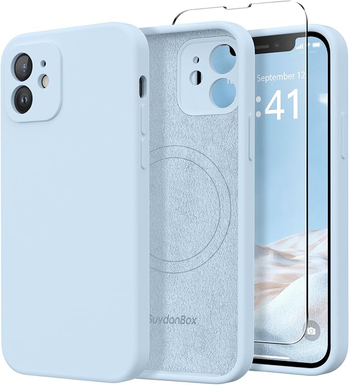 Magnetic for iPhone 12 Case, Compatible with MagSafe, [Full Camera Protection][Screen Protector] Silicone Shockproof Protective Phone Case for iPhone 12 6.1", Light Blue