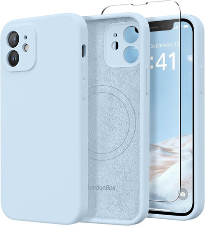 Magnetic for iPhone 12 Case, Compatible with MagSafe, [Full Camera Protection][Screen Protector] Silicone Shockproof Protective Phone Case for iPhone 12 6.1", Light Blue