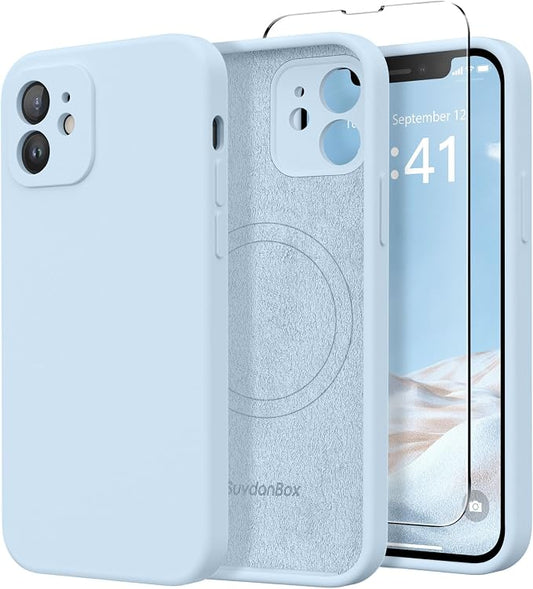 Magnetic for iPhone 12 Case, Compatible with MagSafe, [Full Camera Protection][Screen Protector] Silicone Shockproof Protective Phone Case for iPhone 12 6.1", Light Blue