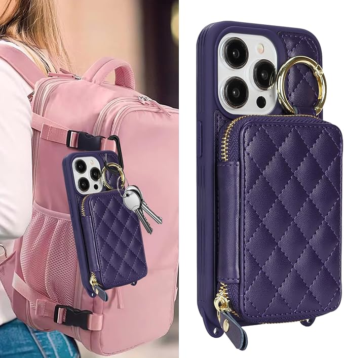 Crossbody Wallet Case for iPhone 14 Pro, PU Leather Zipper Handbag Purse Flip Cover, Kickstand Folio Case with Card Slots Holder Wrist Strap Lanyard 5G 6.1 Inch-Purple