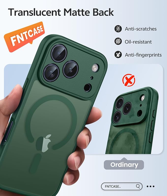 FNTCASE for iPhone 17 Pro Max Case: [Compatible with Magsafe] Translucent Matte Cases with [Full Camera Protection] [Screen Protector] Military Grade Shockproof Protective Phone Cover - Green