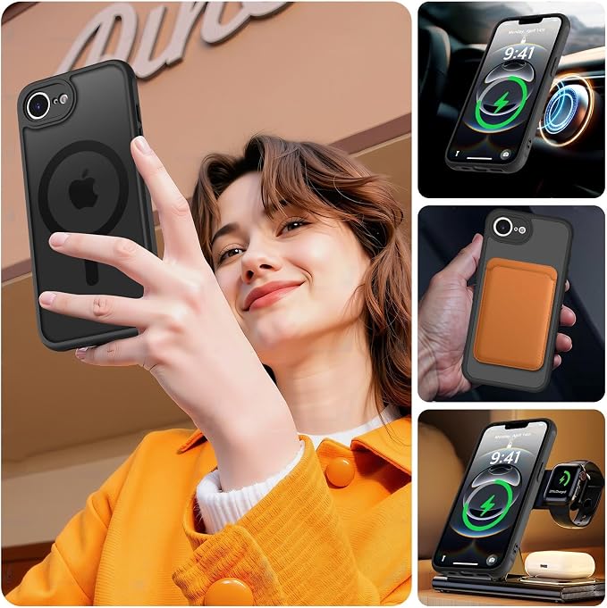 MOCCA Strong Magnetic for iPhone 17e Case/iPhone 16e Case [Compatible with Magsafe] [Full Camera Protection] Slim Translucent Matte Shockproof Phone Case for iPhone 17e / 16e 6.1", Black