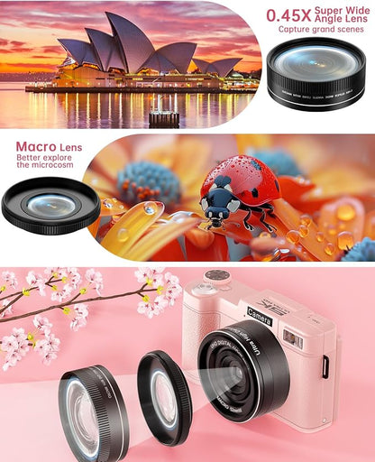 FLATIC 5K Digital Camera with WiFi, Cameras for Photography with 180°Flip Screen, Vlogging Camera with 64GB Card, Battery, Camera for Beginner, Teens