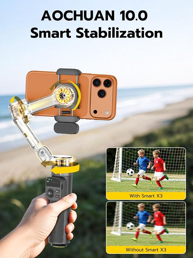 AOCHUAN Gimbal Stabilizer for iPhone w/AI Tracking Module &Fill Light, 3-Axis Anti-Shake Phone Stabilizer w/Magnetic Remote, Gesture Control, One-Tap Tripod Release, Built-in Extension Rod,Smart X3AI