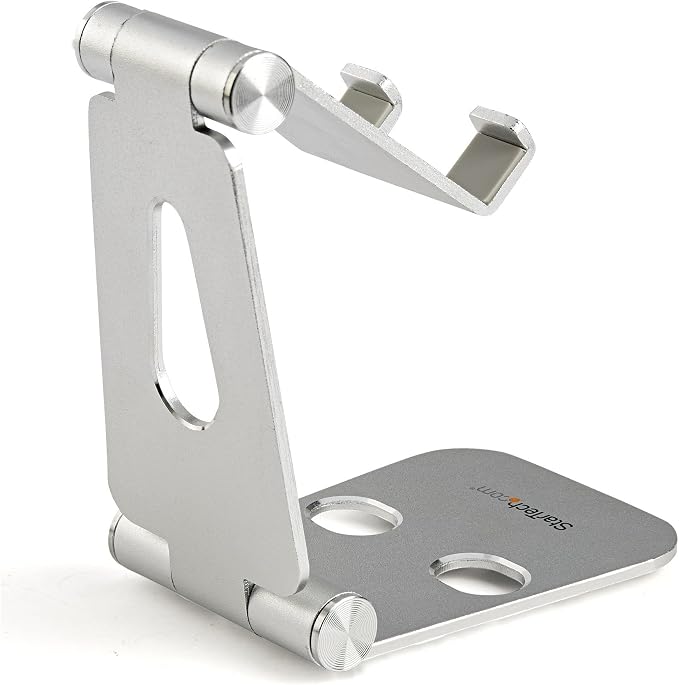 StarTech.com Phone and Tablet Stand - Foldable Universal Mobile Device Holder for Smartphones & Tablets Adjustable Multi-Angle Ergonomic Cell Phone Stand for Desk Portable, 4in to 13in (USPTLSTND)