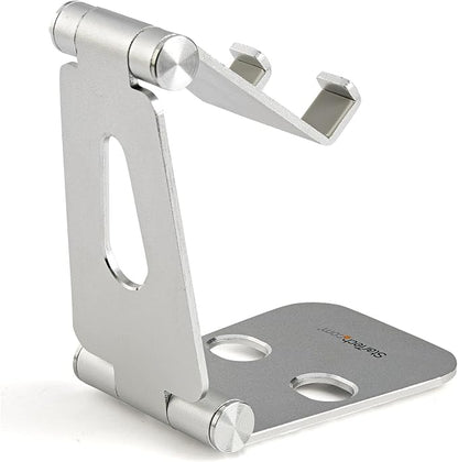 StarTech.com Phone and Tablet Stand - Foldable Universal Mobile Device Holder for Smartphones & Tablets Adjustable Multi-Angle Ergonomic Cell Phone Stand for Desk Portable, 4in to 13in (USPTLSTND)