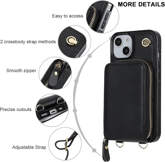 KIHUWEY Crossbody Wallet Case for iPhone 13 iPhone 14, Zipper Pocket Case with Card Holder, PU Leather RFID Blocking Protective Cover Case with Kickstand Detachable Wrist Strap Lanyard 6.1" (Black)