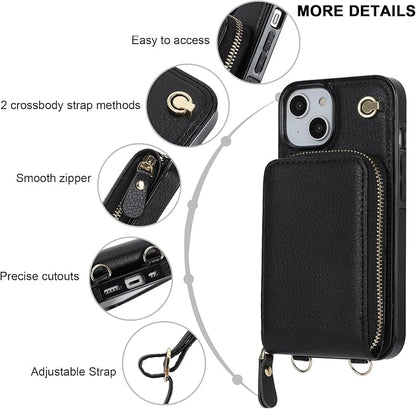 KIHUWEY Crossbody Wallet Case for iPhone 13 iPhone 14, Zipper Pocket Case with Card Holder, PU Leather RFID Blocking Protective Cover Case with Kickstand Detachable Wrist Strap Lanyard 6.1" (Black)