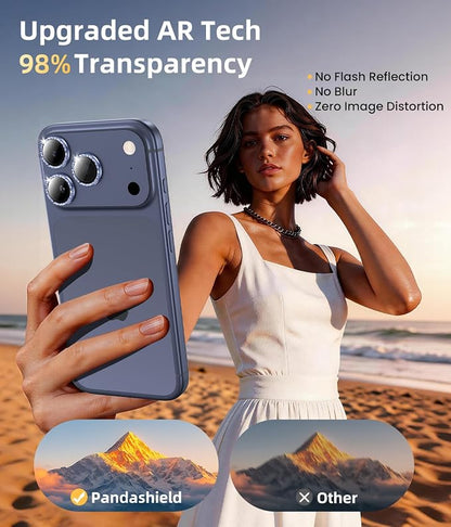 PandaShield 2-Pack Anti-Reflection Camera Lens Protector for iPhone 17/16/15 Pro & Pro Max, Easy Installation,9H Hardness, 98% Ultra Clarity, Maintains Original Lens Design -Glitter Blue