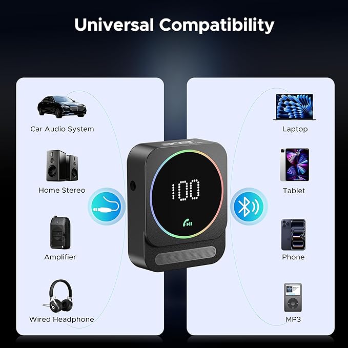 Acer Gadget Bluetooth Receiver for Car/Home/Wired Headphones, 3.5mm AUX, Drive & Listen Wirelessly, 16H Battery, Noise Cancellation, Auto Connect & Dual Pairing - Black
