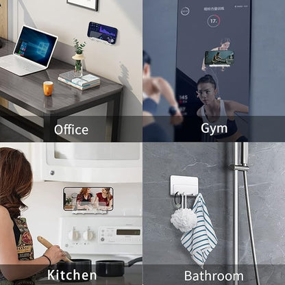 Clear Wall Mount Adhesive Phone Holder,Multi-Function Cell Phone Charging Brackets Holders,Hook for Living Room, Kitchen, Bathroom, Office,Compatible with Most Phones and Tablet