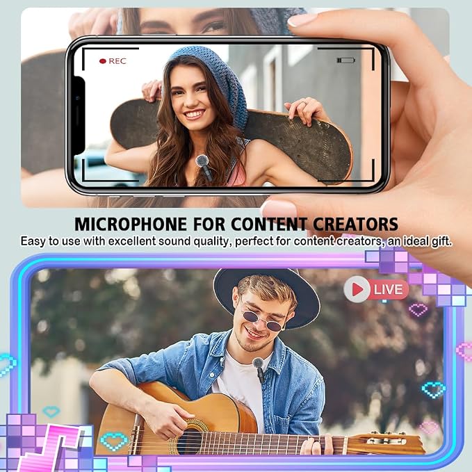 Mini Microphone,3 in 1 Wireless Lavalier Microphones for iPhone/iPad/Android/Camera(Lightning/USB/3.5 mm Jack),2 Pack Bluetooth Microphone with on Mute/Noise for Video Recording Vlog,Youtube,Tiktok