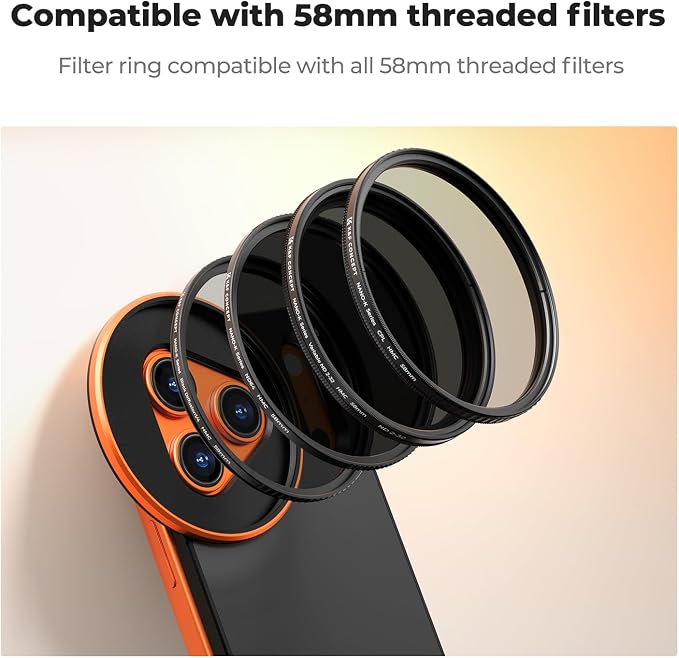K&F CONCEPT Double-Sided Magnetic Lens Filter Mount Adapter with 58mm CPL Filter, Compatible with iPhone 17 Pro and 58mm Threaded Filters, CPL Filter Compatible with iPhone Camera Lens