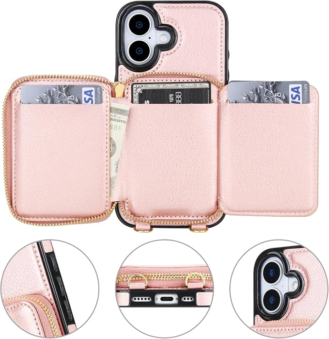 Bocasal RFID Blocking Wallet Case for iPhone 17, Adjustable Crossbody Zipper Purse Case Card Holder with Kickstand Detachable Wrist Strap, PU Leather Flip Folio Case 6.3 Inch 5G (Rose Gold)