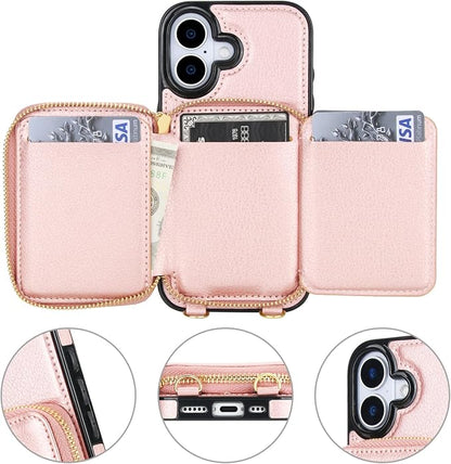 Bocasal RFID Blocking Wallet Case for iPhone 17, Adjustable Crossbody Zipper Purse Case Card Holder with Kickstand Detachable Wrist Strap, PU Leather Flip Folio Case 6.3 Inch 5G (Rose Gold)