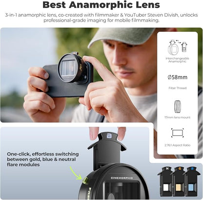 Freewell 1.55x Anamorphic Lens for iPhone & Samsung - 3-in-1 Streak (Neutral, Gold, Blue) - Cinematic Smartphone Lens with Oval Bokeh - Compatible with 17mm Mount Case & Cage